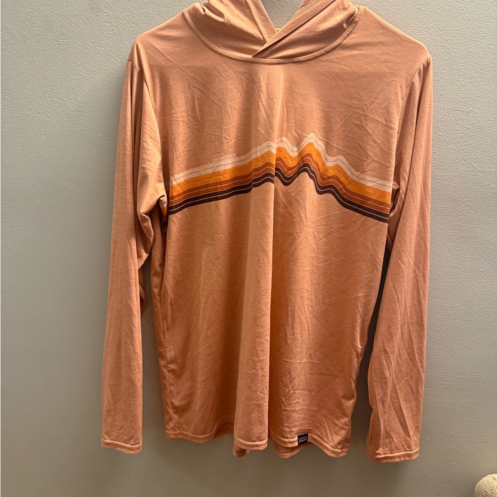 Patagonia Peach Long Sleeve Hooded Tee with Multicolor Stripe